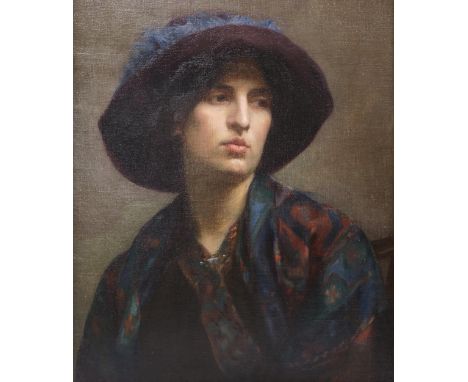 BRITISH SCHOOL (20TH CENTURY) PORTRAIT OF A WOMAN WEARING A HAT AND DECORATIVE SHAWL Oil on canvas laid on panel, 59 x 49cm (