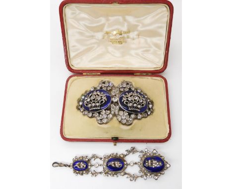 GEORGIAN PASTE JEWELLERY mounted in white metal, with blue glass inserts and paste jewels a buckle has been converted into a 