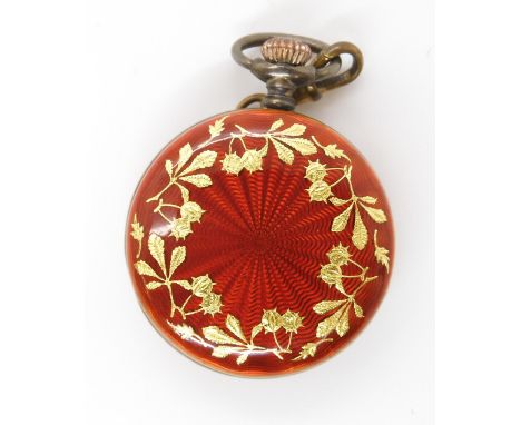 A SILVER RED GUILLOCHE ENAMEL FOB WATCH with french gold decorative motifs in the shape of horse chestnut leaves and conkers 