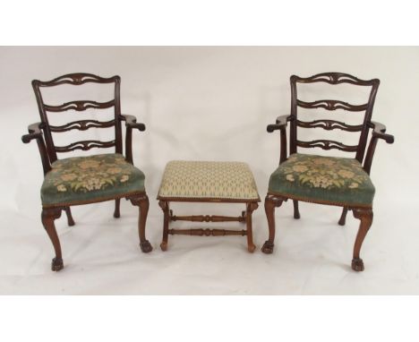 A PAIR OF 19TH CENTURY MAHOGANY HEPPLEWHITE STYLE LADDERBACK ARMCHAIRS&nbsp;with tapestry seats on ball and claw supports, 95