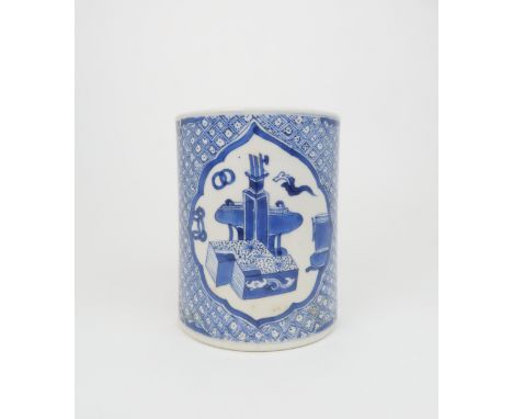 A CHINESE BLUE AND WHITE BRUSH WASHER&nbsp; painted with precious objects on a cell pattern ground, within scroll borders, 15