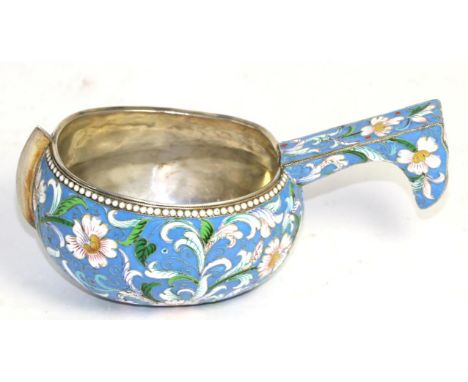 A cloisonne enamel kovsh, bearing spurious marks for Mikhail Ovchinnikov to base, decorated with scrolling flowers and foliag