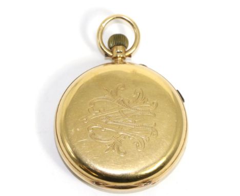 An 18ct gold full hunter chronograph pocket watch, 1893, lever movement, enamel dial with Roman numerals, front cover with en