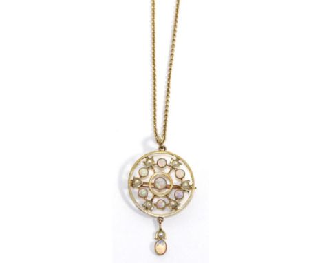 An Art Nouveau opal and seed pearl brooch/pendant on chain, an openwork circular pendant set throughout with round cut opals 