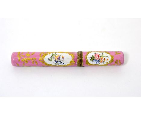 A Staffordshire enamel bodkin holder, circa 1760, painted with flower sprays in panels on a pink ground, 12cm long 