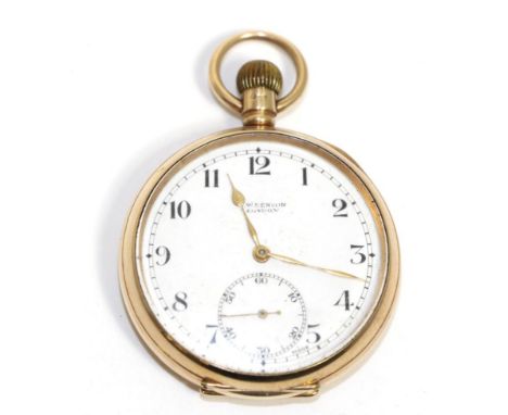 A 9ct gold open faced pocket watch, signed J.W.Benson, London, 1925, lever movement, enamel dial with Arabic numerals, second