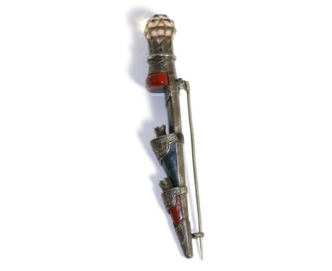 A Victorian Scottish hardstone set dirk pin, set throughout with hardstones with a briolette cut smokey quartz finial and fol