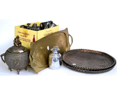 ^ A Japanese copper alloy Koro and cover, surmounted by a figural finial, 32cm high; a brass tray in Art Nouveau style, 65cm;