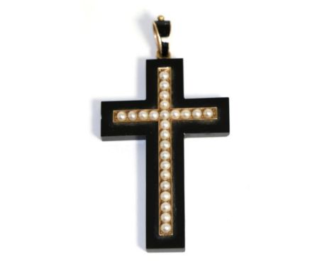 An onyx, seed pearl and enamel mourning cross pendant, the onyx cross inset with seed pearls to a black enamel bail, measures