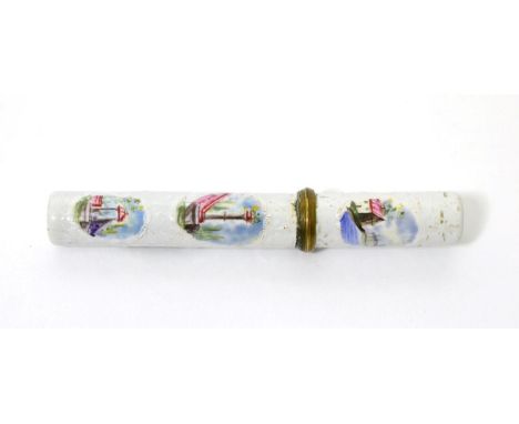 A Stafforshire enamel bodkin case, circa 1760, painted with classical buildings in panels, Bianco Sopra Bianco ground, 12cm l