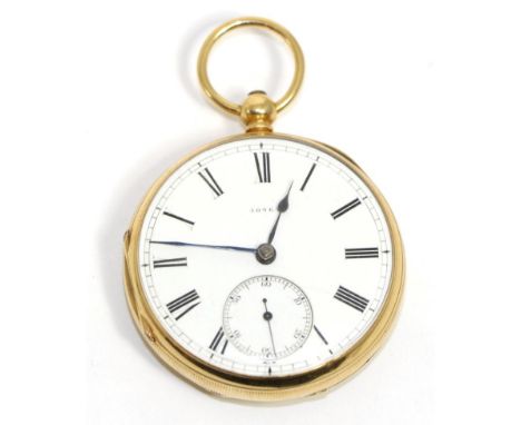 < An 18ct gold open faced pocket watch, 1874, gilt fusee lever movement, dust cover, enamel dial with Roman numerals, seconds