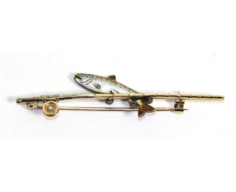 An enamel novelty fishing brooch, by Alabaster & Wilson, modelled as a leaping fish to a rod with a seed pearl set reel, meas