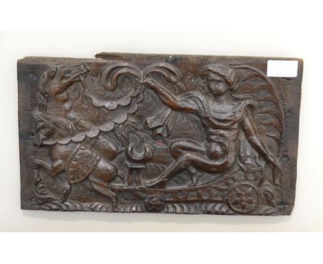 < A carved oak panel, 16th century, depicting the goddess Diana riding in a chariot drawn by two horses, 21.5cm by 36cm