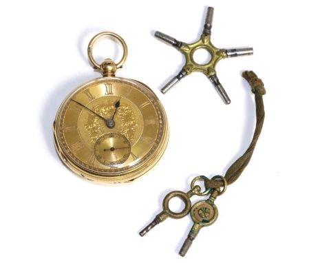 An 18ct gold open faced pocket watch, 1880, lever movement, dust cover, gold coloured dial with Roman numerals, seconds dial,