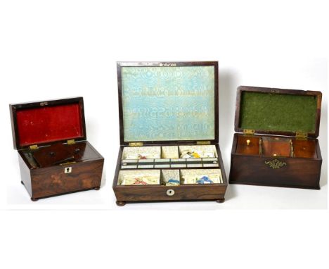 A Regency rosewood games box, of rectangular form, the cover inlaid in mother-of-pearl with playing cards, containing a crib 