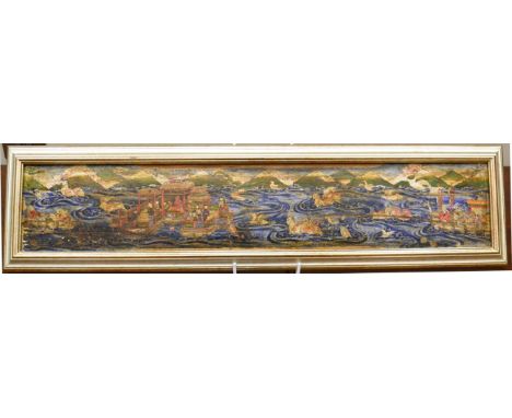 A Chinese painted wood panel, Qing, painted in colours with a floating palace, a junk and mythical beasts in a river landscap