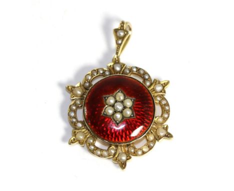 An enamel and seed pearl pendant, a cluster of seed pearls to a circular red enamel pendant, with a seed pearl set pierced fr