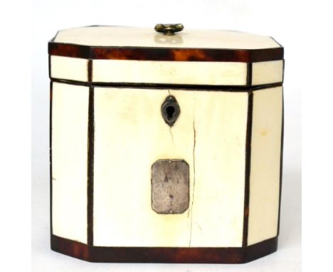 A George III tortoiseshell banded ivory tea caddy of canted rectangular form, the front set with a silver cartouche, 10.5cm w