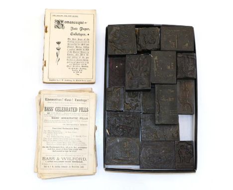 A quantity of 18th and 19th century wooden print blocks including a Reveller and barrel, a Galleon, both signed 'R.Pearson Sc