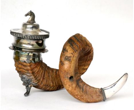 A Victorian silver plate mounted rams horn ink table snuff, the hinged cover with horses head finial, 31cm wide 