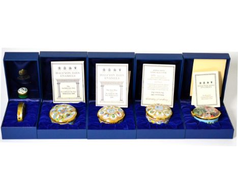 A Halcyon Days enamel great exhibition commemorative box, with box and certificate of authenticity; three similar Halcyon Day