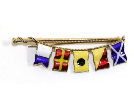 A 9 carat gold enamel nautical flag brooch, by Benzie of Cowes, depicting signalling flags to a mast to spell 'MOIRA', measur