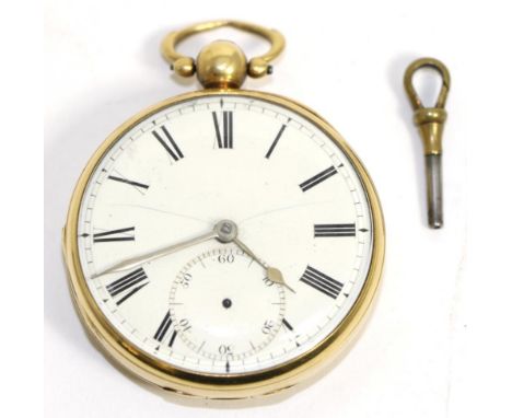 An 18ct gold pocket watch, signed G.H.Hirst, Leeds, 1829, lever movement, dust cover, diamond endstone, enamel dial with Roma