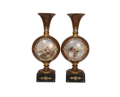 A GOOD PAIR OF CONTINENTAL ENAMEL VASES, 19TH CENTURY, each moon shaped body painted with a landscape, picked out with white 