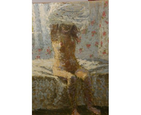 S***.R***., NUDE UNDRESSING, signed with initials, oil on board. 32cm by 27cm 