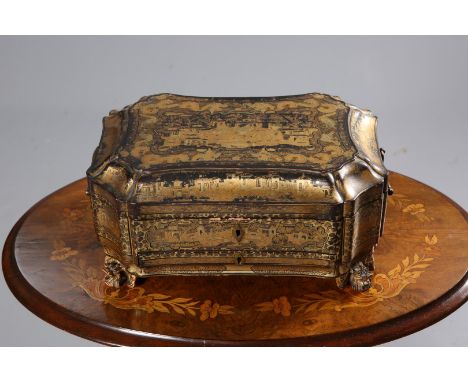 AN EARLY 19TH CENTURY CHINESE EXPORT GILDED AND LACQUERED WORK BOX, with ivory accessories to the interior, 33.5cm wide.