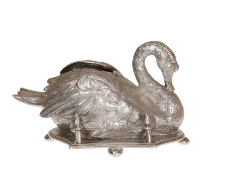 A VICTORIAN SILVER-PLATED INKWELL IN THE FORM OF A SWAN, John Round, no. 12866. 14.5cm high