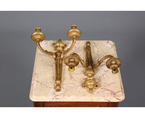 A PAIR OF GILT-BRASS TWO-LIGHT WALL SCONCES, in Adam style, 36cm high.