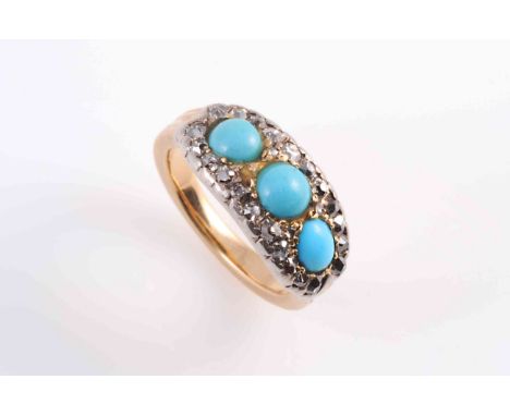 A TURQUOISE AND DIAMOND RING, CIRCA 1870, the three round cabochon cut turquoise stones set within a surround of old cut and 
