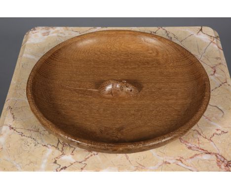 ROBERT THOMPSON OF KILBURNA MOUSEMAN OAK BOWL, adzed, carved mouse signature, 30cm.