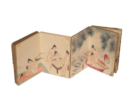 A VINTAGE CHINESE PILLOW BOOK (SHUNGA), concertina folding with erotic images, cloth bound, paper label. Height 18.5cm