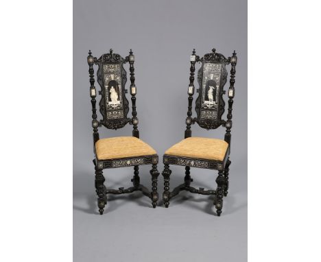 A PAIR OF ITALIAN IVORY INLAID EBONISED HIGHBACK CHAIRS IN 17TH CENTURY STYLE, 19TH CENTURY, each back inlaid to depict a fig