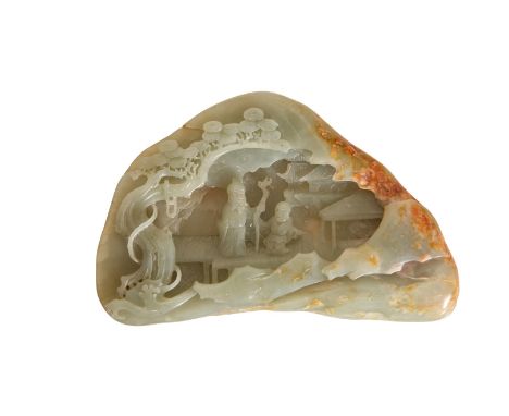 A JADE PLAQUE carved with a sage and child on a platform with a tree and houses to the side.  15cm