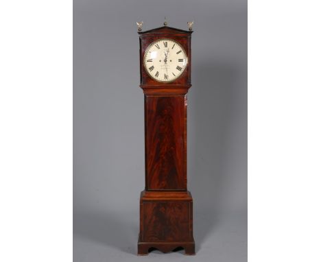 A REGENCY FLAME MAHOGANY 8-DAY LONGCASE CLOCK, with circular 13-inch dial with Roman numerals and subsidiary seconds, signed 