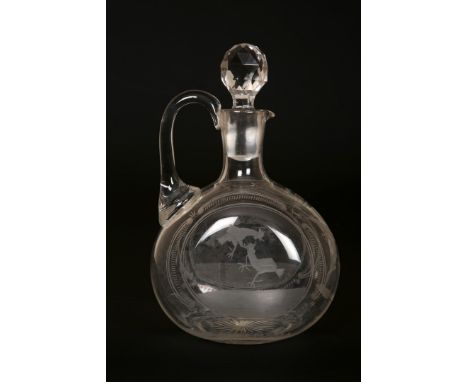 A 19TH CENTURY COCK FIGHTING DECANTER, engraved to each side with two fighting cocks and to the front with a man carrying a c