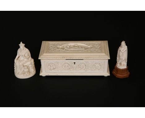 AN INDIAN IVORY CASKET, LATE 19TH CENTURY, rectangular, carved with figures, 18cm by 9cm; together with TWO INDIAN IVORY FIGU