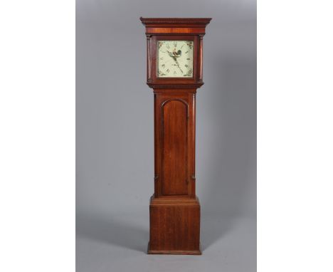 A GEORGE III OAK AND MAHOGANY 30 HOUR LONGCASE CLOCK, E. BURTON, KENDAL, with 11¾ inch square painted dial, the case with den