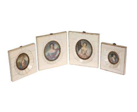 A COLLECTION OF FOUR IVORY FRAMED PORTRAIT MINIATURES, CIRCA 1920'S, oval, each signed. Two larger miniatures 14.5cm by 12.5c