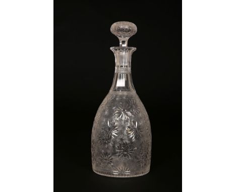 A GOOD STOURBRIDGE MALLET SHAPED DECANTER, EARLY 19TH CENTURY, profusely cut to depict flowerheads below a faceted neck with 