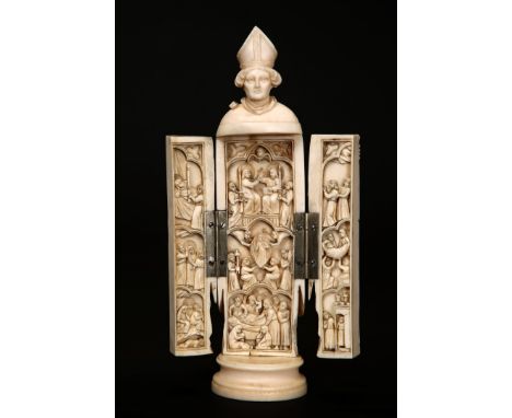 A EUROPEAN IVORY TRIPTYCH FIGURE OF A BISHOP, 19TH CENTURY, probably Dieppe. 20cm