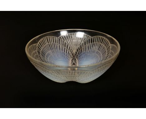 A LALIQUE "COQUILLES" OPALESCENT BOWL, circular, moulded with four conjoined shells, moulded R. LALIQUE mark. 24cm