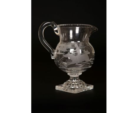 A REGENCY GLASS JUG UNUSUALLY ENGRAVED WITH A POLO SCENE, of pedestal form with lemon squeezer base. 19cm