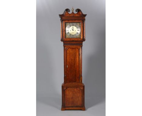 A GEORGE III OAK AND MAHOGANY 8-DAY LONGCASE CLOCK, FEARNLY, WIGAN, the case with swan neck pediment and blind fretwork to th