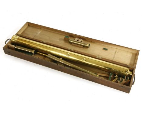 A brass telescope, 19th century, complete with a number of various lenses and fittings, within a fitted mahogany case, comple