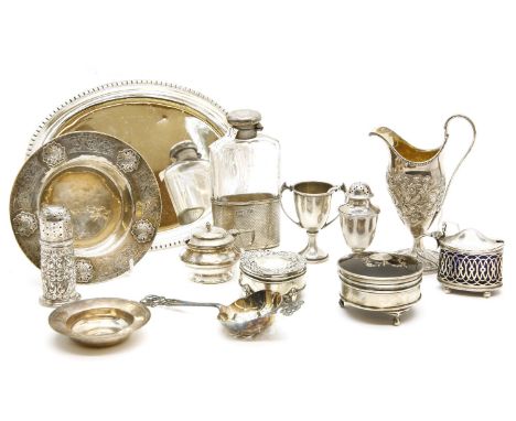 A collection of silver items, a Liberty & Co dish, 14cm diameter, a sterling oval dish, 23.5cm, a silver mounted hip flask, 1