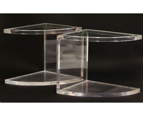 A pair of lucite and glass quarter elliptical lamp tables, on platform bases, 42cm wide x 52cm deep x 47cm high